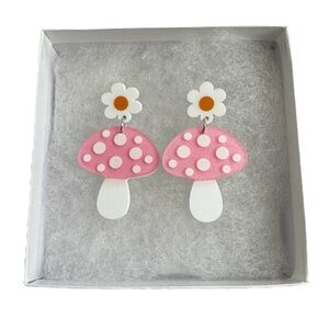 New! Pink Mushroom Acrylic Earrings with Daisy Accents. Post Stud. Never Worn.